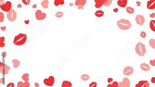 Romantic frame background made of scattered red and pink hearts and lipstick kisses, perfect for Valentine's Day messages.
