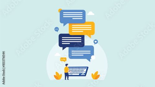 Flat vector illustration depicting a person typing on a keyboard, generating multiple colorful chat bubbles for online communication and messaging.