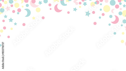 Cute baby shower or birthday party background with a top border of pastel confetti shapes like stars, moons, and dots.