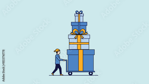 Flat illustration of a person pushing a trolley with a tall stack of colorful gift boxes for a holiday shopping concept.