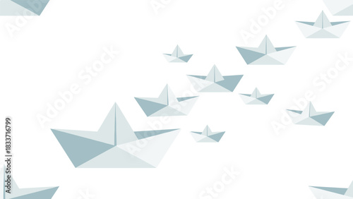 Minimalist background with a fleet of light blue origami paper boats floating across a clean white space, symbolizing teamwork or a journey.