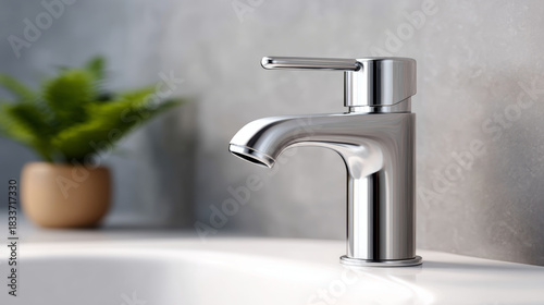 Chrome handle shines brightly on clean faucet, expressing crisp elegance