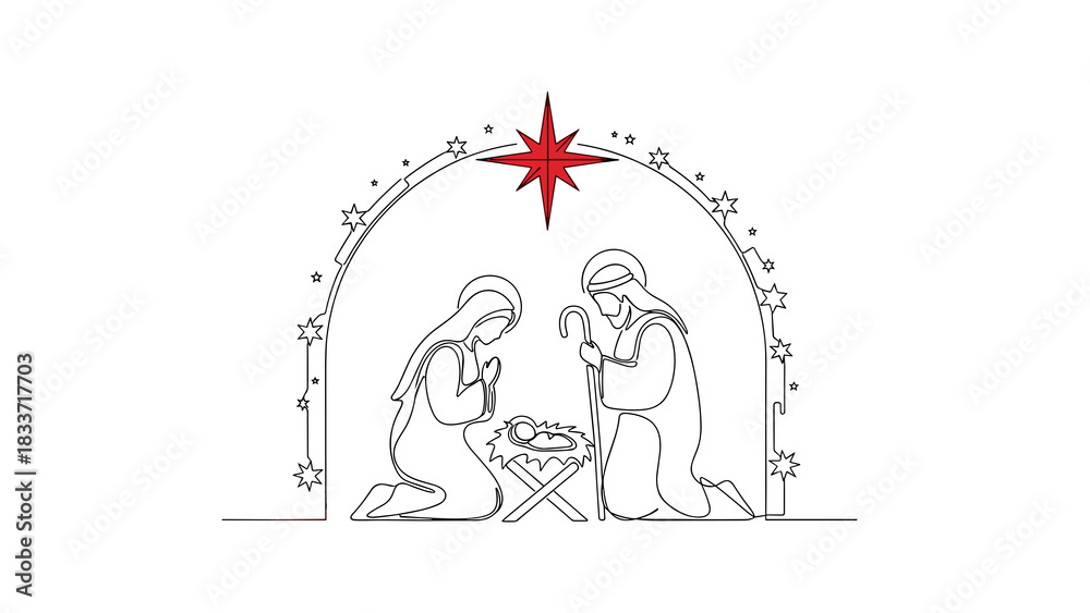 Fototapeta premium Minimalist Nativity Scene Continuous Line Drawing, Red Star of Bethlehem, Religious Christmas Vector, Editable PNG