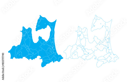 Aomori prefecture map Japan blue silhouette and outline with municipality borders