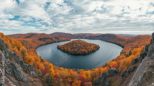 Autumn lake with island and colorful forest landscape from above