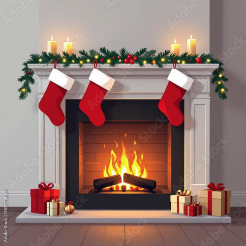 Cozy christmas fireplace with stockings and gifts