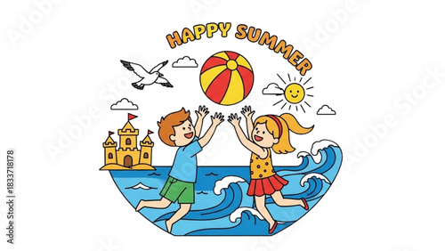 Happy Summer line art of children tossing a beach ball, bright playful seasonal illustration