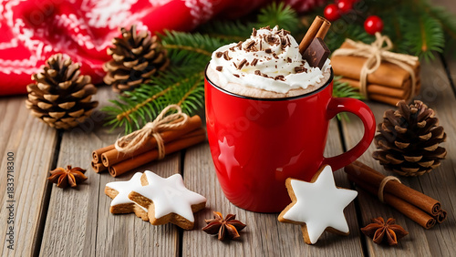 Rustic Winter Hot Chocolate and Star Cookies on Wooden Table – Cozy Holiday Scene