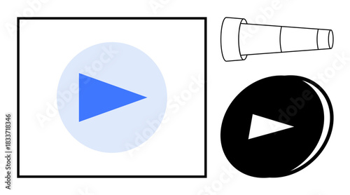 Digital navigation, content creation, futuristic interface, media control, user interaction, design flexibility. Blue play button, telescope and circular black button. Digital navigation and content