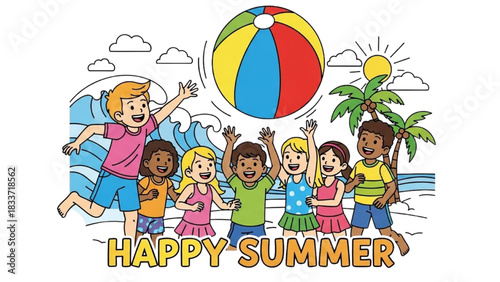 Colorful outline art of kids playing with a beach ball, joyful summer fun illustration, Happy Summer