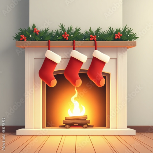 Cozy christmas fireplace with stockings and burning fire