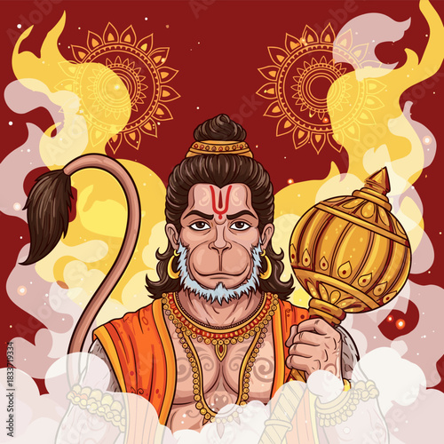 Hanuman vector illustration holding a golden mace