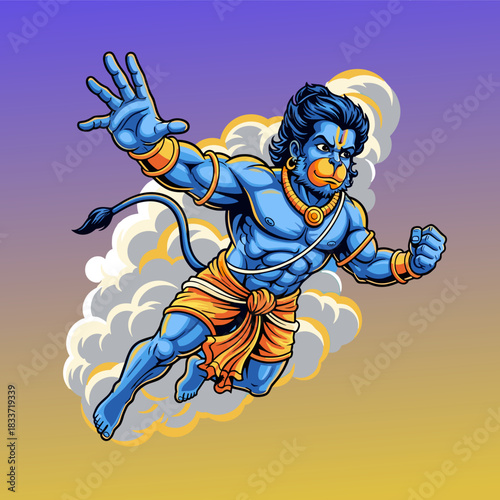 Blue skin hanuman in a dynamic flying pose.