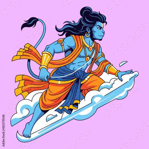 Blue skin hanuman vector illustration, rides a cloud
