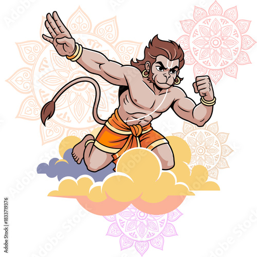 Hanuman vector illustration, flying up the clouds