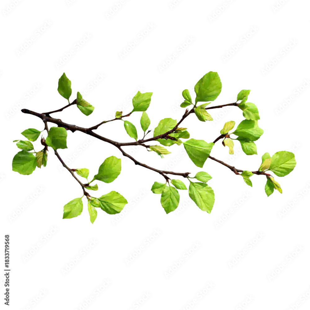 Fototapeta premium Fresh spring leaves on a delicate branch, perfect for nature-inspired designs and bringing a touch of vibrant greenery to your creative projects