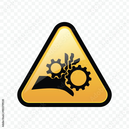 Warning sign for crushing hand hazard with gears and broken hand symbol