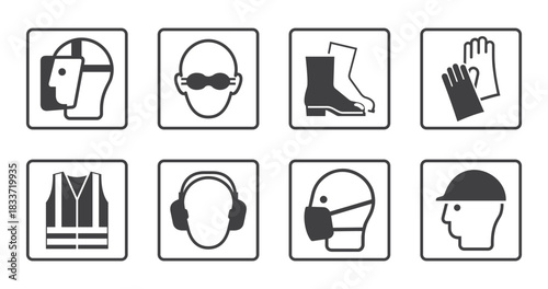 Monochrome collection of mandatory personal protective equipment signs and symbols set