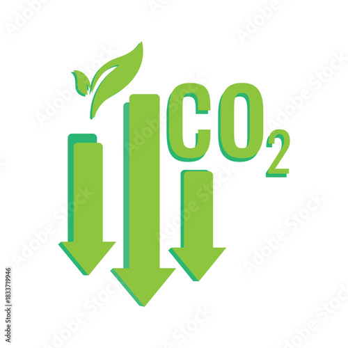 Carbon dioxide reduction icon showing falling arrows and CO2 text with leaf symbol
