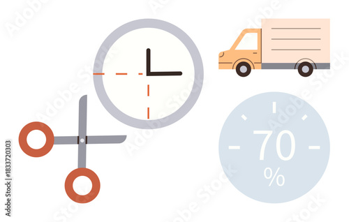 Scissors cutting clock, delivery truck, and progress percentage visualizing time efficiency, shipping, workload optimization, scheduling, productivity, logistics planning, simple flat metaphor