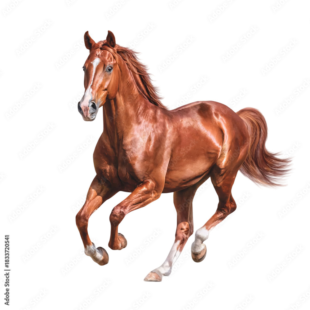 Obraz premium Majestic chestnut horse galloping powerfully, a symbol of freedom and strength for equestrian brands and adventure themes, showcasing wild beauty and grace