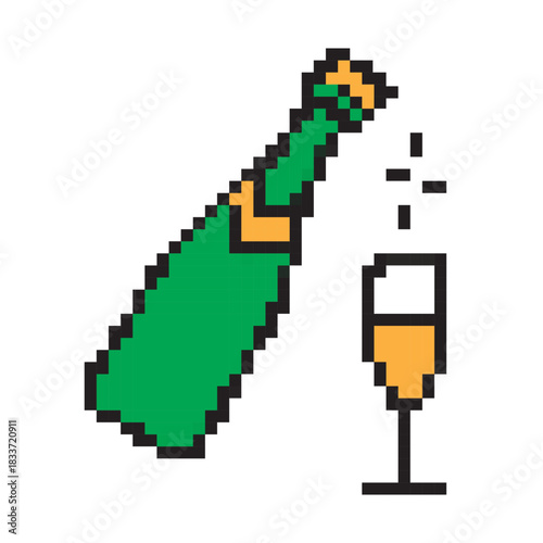 Champagne celebration pixel art icon. Colorful vector illustration