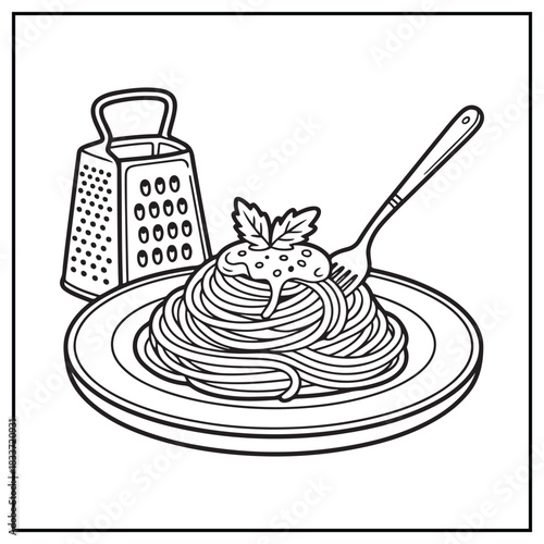 Spaghetti Coloring Page – Hand Drawn Pasta Plate Illustration – Black and White Line Art for Kids and Adults