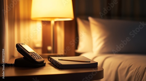 Cozy bedside setup with lamp and notebook.