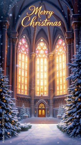 Merry Christmas gothic cathedral with illuminated stained glass windows, snowy trees and warm golden lights creating magical holiday atmosphere