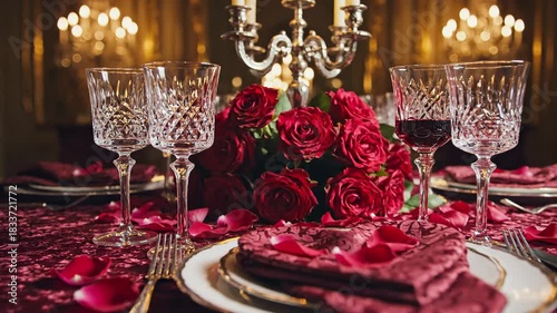 Romantic Dinner Table Setting with Red Roses and Candles for Valentines Day.