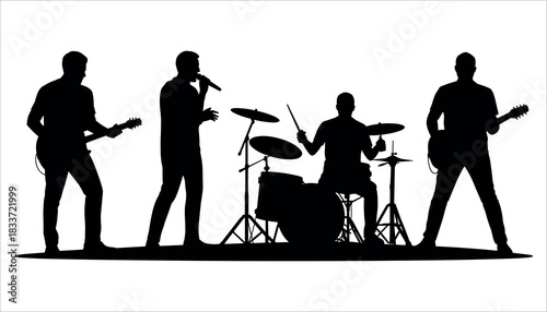 Black silhouette of a rock band performing on stage with guitars drums and microphone music performance