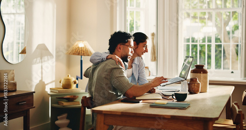 Canvas Print Happy couple, documents and home with laptop for finance, budget planning or schedule investment