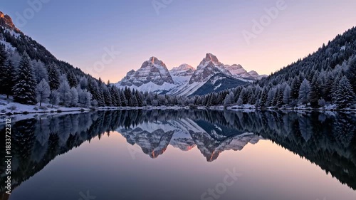 Stunning Winter Landscape with SnowCapped Mountains Reflected in a Serene Lake at Sunset.