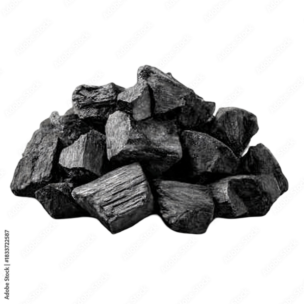 Fototapeta premium Pile of charcoal briquettes, ready for grilling, barbecue, or campfire cooking under the summer sun, capturing rustic and earthy aesthetic