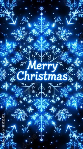 Merry Christmas blue neon snowflakes pattern with glowing lights and festive text on dark background for holiday greeting card design