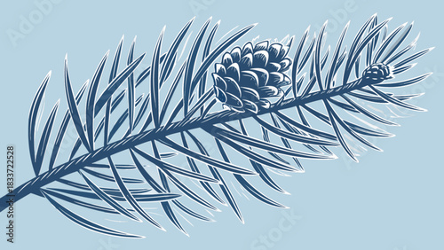 Detailed illustration of pine tree branch with pine cone and needles for christmas and winter season design