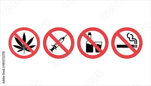 Four red prohibition signs with icons for marijuana syringe alcohol and smoking no smoking no alcohol