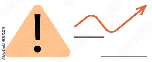 Orange warning triangle with exclamation point and upward trend line on graph. Ideal for risk, caution, growth, alert, decision-making, monitoring, analysis planning. Simple flat metaphor