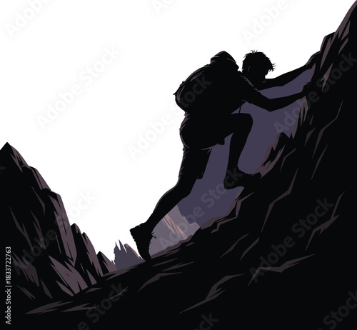 Hiker Climber Mountain Climbing Silhouette Vector Graphic With Backpack in Dark Colors