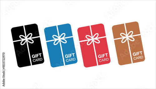 Four gift cards in black blue red and brown with white ribbon design present shopping