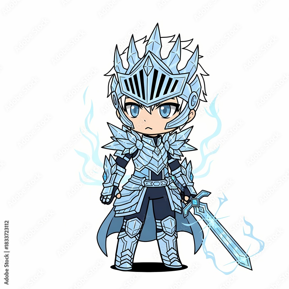 Fototapeta premium Chibi ice knight cartoon character with intricate armor and sword