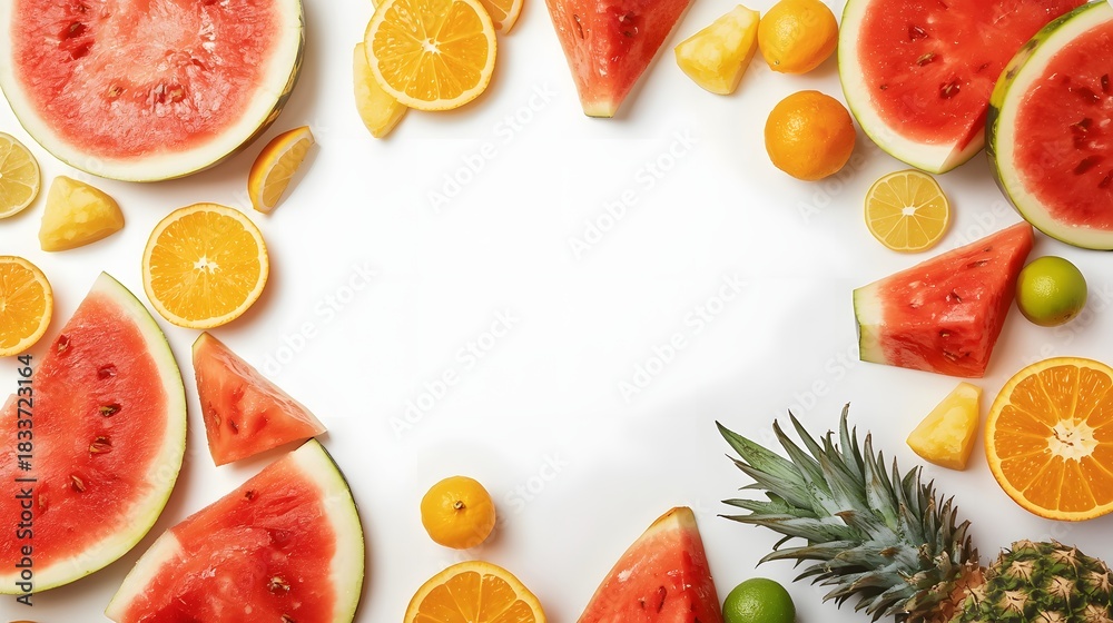 Naklejka premium Vibrant summer fruit composition featuring watermelon, orange, lime, and pineapple arranged around a clean white space for fresh seasonal food design