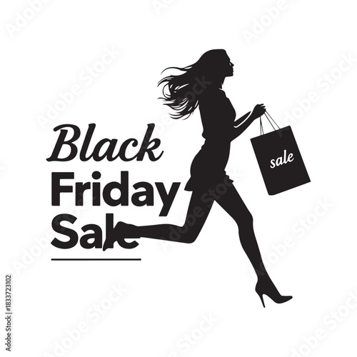 Running Woman Silhouette Shopping for Black Friday Sale Holiday Promotion Design.