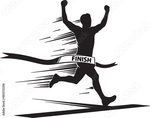 Silhouette of runner crossing finish line with arms raised in victory