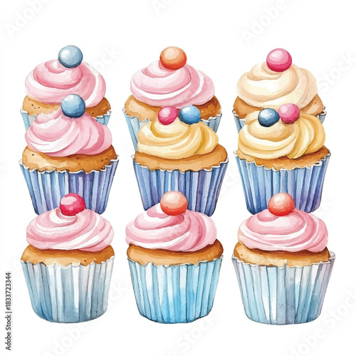 Six Delicious Watercolor Cupcakes with Swirled Frosting and Candy Toppings.