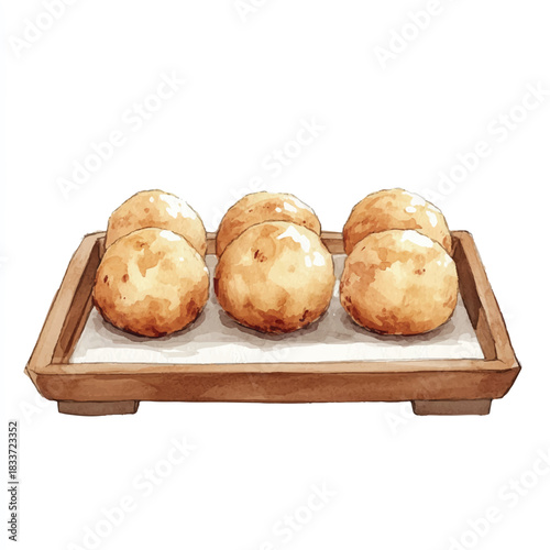 Six round light brown Japanese Takoyaki balls on a wooden tray.