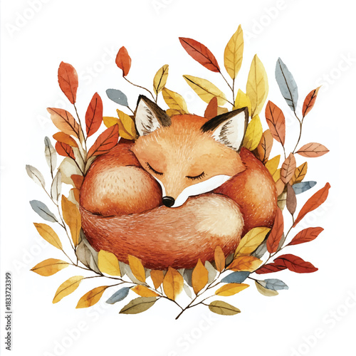 Sleeping Fox Curled Up Amongst Autumn Leaves.