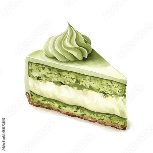 Slice of Matcha Cake with Creamy Filling and Green Topping.