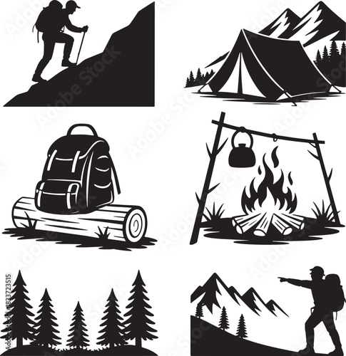 Set hiking and camping adventure equipment black silhouette outdoors vector design