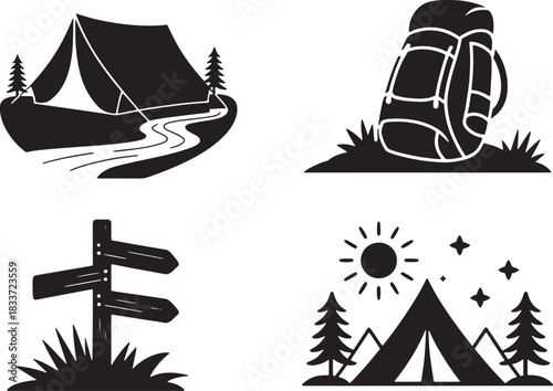 Set of camping hiking vector illustration elements and gear on transparent background